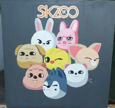 an advertisement for skoo featuring many different cartoon faces on it's front and back