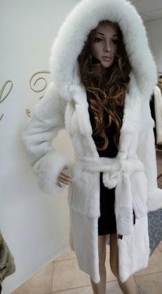 Hooded Winter White Fur Coat For Cold Weather, Winter White Hooded Fur Coat For Cold Weather, White Hooded Fur Coat For Winter, White Fur Coat For Winter, White Hooded Fur Coat For Fall, White Hooded Outerwear, White Fur Coat For Fall Cold Weather, White Fur Coat For Cold Weather In Fall, White Long Sleeve Fur Coat For Spring