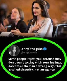 a woman sitting at a table in front of a microphone with the caption that reads, angelina jolie some people refer you because they don't play with your feelings