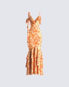 Summer-time fine ☀️ Whether you're sippin’ cocktails with the girls, or taking on the town - this orange floral print midi dress will have you blooming brighter than anyone else. Complete with a tiered ruffle skirt, ruffle neckline, and asymmetric, adjustable ruffle straps for a look that is vibrantly elegant 🌼 White Corset Dress, Skirt Ruffle, Flower Print Dress, Floral Print Midi Dress, Modieuze Outfits, Orange Flower, Clothing Inspiration, Glam Dresses, Grace Kelly