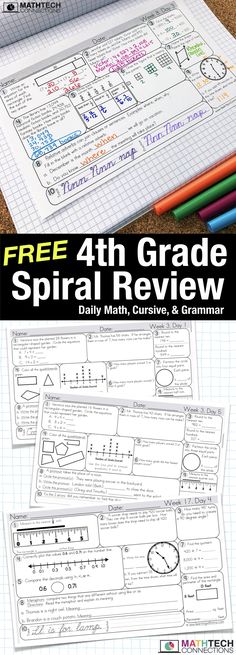 the free 4th grade spiral review is shown with pencils and paper on top of it