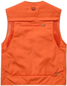 Men's Orange Outdoor Vest Jacket Multi Pockets 100% Polyester Imported Zipper closure FEATURES: Zipper front, regular fit, v neck, solid color, multiple pockets, lightweight, quick dry, breathable. Removable back, back expose mesh make you more cool in summer hot days. MULTI-POCKETS: Work safari fishing vest with 15 varying sized functional pockets, including secure zippered pockets and Velcro fastening pockets. It’s a highly practical and versatile spring summer fall vest. Style 01 & 03 & 04 Fe Outdoor Solid Color Vest With Pockets, Outdoor Vest With Pockets, Outdoor Activities Vest With Pockets, Outdoor Activities Solid Color Vest With Pockets, Solid Sports Outerwear With Side Pockets, Solid Outerwear With Side Pockets For Sports, Solid Nylon Vest With Pockets, Nylon Vest With Pockets, Sports Nylon Vest With Pockets