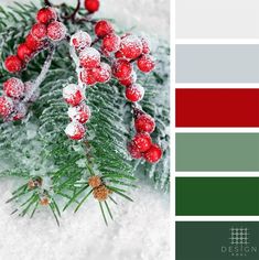 the color scheme is green, red and white with snow on it's branches