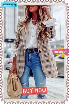 Plaid Lapel Collar Blazer Plaid Blazer Outfits, Plaid Blazer Outfit Women, Blazer Outfits Women, Fashion Outfits Cute, Plaid Blazer Outfit, Cute Outfits Casual, Outfits Concert, Outfit Ideas Fashion, Types Of Coats