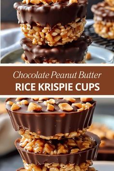 chocolate peanut butter rice krispie cups stacked on top of each other with nuts in the middle