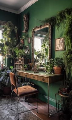 a room with green walls and lots of plants