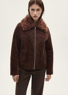 Jacket with suede-effect shearling collar - Women | MANGO USA Collared Suede Outerwear For Winter, Winter Workwear Leather Jacket With Suede Lining, Winter Leather Jacket With Suede Lining For Work, Chic Shearling Leather Jacket For Work, Fall Shearling Fur Coat With Padded Collar, Shearling Leather Jacket With Faux Fur Trim For Work, Winter Suede Outerwear With Zipper Closure, Winter Leather Jacket With Suede Overlays For Work, Suede Fur Coat For Fall