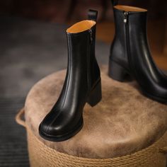 These round-toe ankle boots are just cute. Unlike traditional round toe shoes that make you look clumsy. these toes are with beautiful silhouette and make you look slim. Upper: Genuine Leather Shaft: Genuine Leather Lining: Genuine Leather/Short Plush Outsole: Rubber Toe Shape: Round Toe Closure: Zip Heel: Low chunky heel. 5cm is_handmade: Yes Trendy Round Toe Heeled Boots Medium Width, Trendy Heeled Boots With Round Toe, Trendy Medium Width Heeled Boots With Round Toe, Winter Heels With Reinforced Heel And Round Toe, Winter Closed Toe Platform Boots, Fall Mid-calf Boots With Reinforced Heel And Round Toe, Winter Chelsea Boots With Stacked Heel And Round Toe, Fall Platform Heeled Boots With Round Toe, Fall High Heel Platform Chelsea Boots