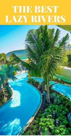 an outdoor water park with slides and palm trees in the foreground, surrounded by lush greenery