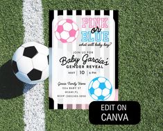 a pink and blue soccer baby shower is on the grass next to a black and white striped banner