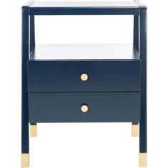 a blue nightstand with two drawers and gold trimmings on the bottom, against a white background