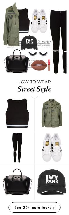 Street style by minguyenn on Polyvore featuring New Look, Topshop, Miss Selfridge, adidas Originals, Givenchy, Ivy Park and Lime Crime Olive Jacket, Beauty Supplies, Lipstick Color, Ivy Park, Black Tank, Look Cool, Womens Fashion Casual