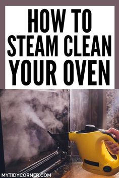 a yellow steam iron is being used to clean an oven with steam coming from it