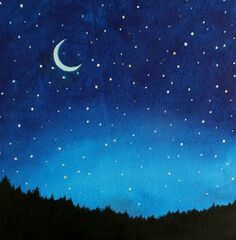 a painting of the night sky with stars and a crescent moon above trees on a hill