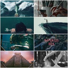 the collage shows images from different films including aliens, monsters and other things that appear to be floating in the water