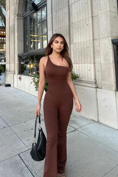 Can it get any better than this one-shoulder flare leg jumpsuit? Sculpt- an ultra-flattering fabrication Flare Leg One Shouder Removable cups Solid Stretch One-shoulder Jumpsuit, Flare Leg Jumpsuit, One Shoulder Jumpsuit, Cocoa, One Shoulder, Jumpsuit, Fabric