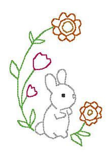 a rabbit sitting in the middle of flowers with one flower on it's side