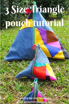 three triangle pouches sitting on the grass with text overlay that says 3 size triangle pouch