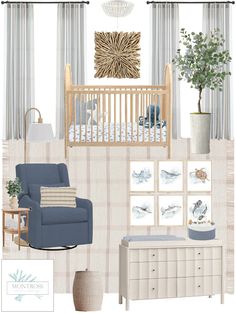 a baby's room with blue and white decor, including a crib, rocking chair, dresser, rugs, and pictures on the wall