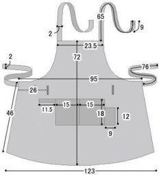 an apron is shown with measurements for the front and back ends, including two straps