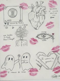 a drawing with different types of heart shapes and other things on the paper that are drawn