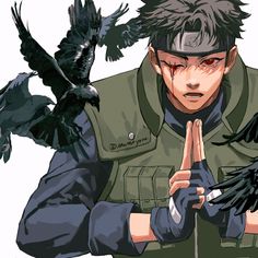 an anime character with two crows on his hands