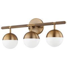 three light bathroom fixture with brass finish and white glass balls on the bottom, in an antique