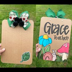 two children's handmade bookmarks with bows on them, one for grace and the other for teacher