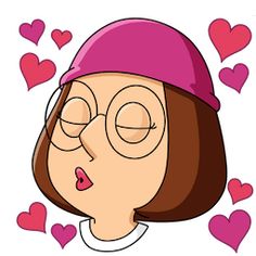 a cartoon girl with glasses and a pink hat blowing hearts around her head while looking at the camera