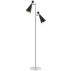 two light floor lamp with black shades on the top and one light on the bottom