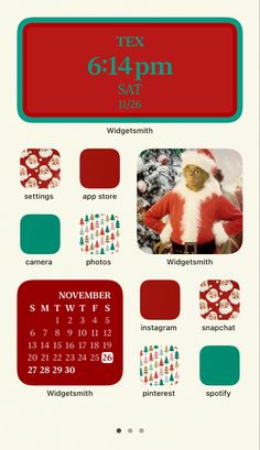 a calendar with santa clause on it and the date for each month in red, white and green