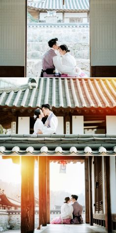 two people are kissing in front of a building