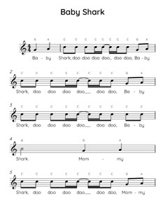 sheet music for baby shark with notes and tabs in the bottom right hand corner