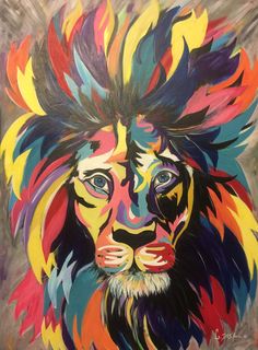 a painting of a lion with multicolored feathers