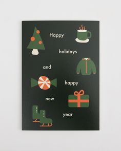 a christmas card with an image of holiday items in green and orange on black, which says happy holidays and new year