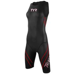 a black and red wetsuit with the words tyr on it