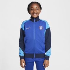 Take your skills to the next level with this Chelsea FC Academy Pro jacket. Sweat-wicking technology in a roomy fit pairs with a woven crest to give you comfortable coverage that lets you show your team pride. Blue Obsidian, Chelsea Fc, Kids Nike, Track Jackets, Nike Dri Fit, Premier League, Blue Fashion, Big Kids, Dri Fit