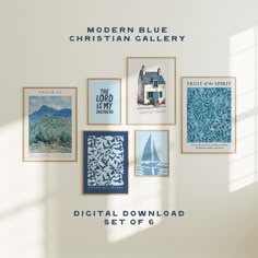 a set of six modern blue art prints on a white wall with the words,'digital downward set of 6'above them