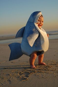 a baby in a shark costume on the beach