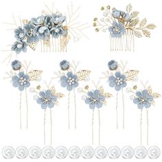 blue flower hair combs with pearls and leaves on each side, set of 6