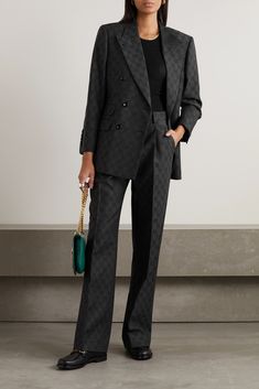 Gucci's double-breasted blazer debuted on the Fall '22 runway, where it was styled as a suit with the matching pants. It's been tailored in Italy from wool that's jacquard-woven with the brand's logo in a tonal colorway. The shoulders are padded for structure, while the satin lining will layer easily or feel smooth against bare skin. Gucci Blazer, Inspo Poses, Gucci Suit, Jacquard Blazer, Androgynous Style, Woman Suit, Tom Boy, Elegant Outfit Classy, Mode Costume