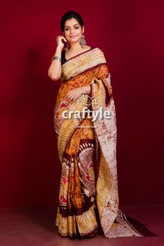 Presenting an exclusive Hand Batik Silk Saree with running blouse piece from Santiniketan, Birbhum. The authentic wax batik saree is beautifully handcrafted by our skilled artisans. We use the best quality pure Murshidabad silk fabric, so that the saree gets vibrant look with longevity and you feel the comfort of this pure silk saree. It's a light weight pure Murshidabad silk saree. The beautiful piece is not batik print saree, but original hand painted silk batik saree. Saree Length : 5.5 mtr BP Length : 1 mtr approx Weight : 350 gm approx The fabric is premium quality Murshidabad Silk with Silk Mark Certificate (tag). Dry Clean recommended. -------------------------------- We regularly upload new premium products for you. So, kindly visit our shop: https://www.etsy.com/shop/CraftyleIndia Festival Cotton Silk Saree With Batik Print, Cotton Silk Saree With Batik Print For Festivals, Bohemian Tussar Silk Saree With Batik Print, Bohemian Batik Print Saree, Festive Batik Print Art Silk Saree, Batik Print Saree, Batik Saree, Kantha Sarees, Sarees For Women