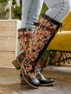 Footwear Inspiration, Leather High Boots, Thrift Wishlist, Classic Wardrobe Essentials, Real Leather Boots, Floral Boots, Fun Clothes, Reindeer Headband, Chic Shirts