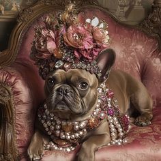 a small dog wearing a tiara on top of a pink chair