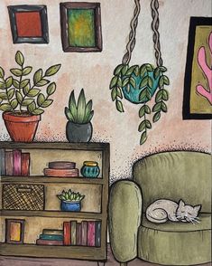 a drawing of a cat sleeping on a chair next to a book shelf with plants