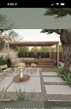 an outdoor fire pit surrounded by wooden chairs and tables in the middle of a garden