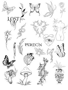 an image of tattoos with flowers and butterflies on them, including the word perdon