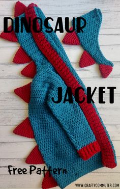 two crocheted dinosaur sweaters with red and blue stripes on them, the one is