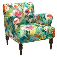 an upholstered chair with colorful flowers on the armrests and legs, against a white background