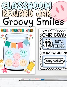 the classroom reward jar for grooy smiles is on display in front of a whiteboard